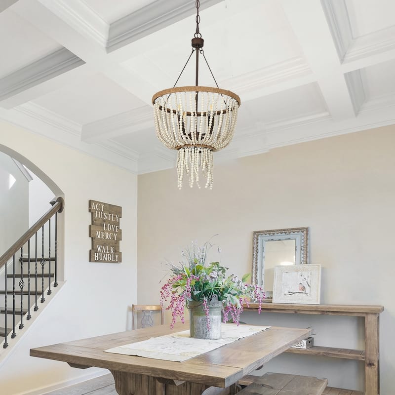 Renia Farmhouse Rustic Coastal 4-light Distressed Wood Beads Chandelier Basket Adjustable Pendant Lamp - 17 in