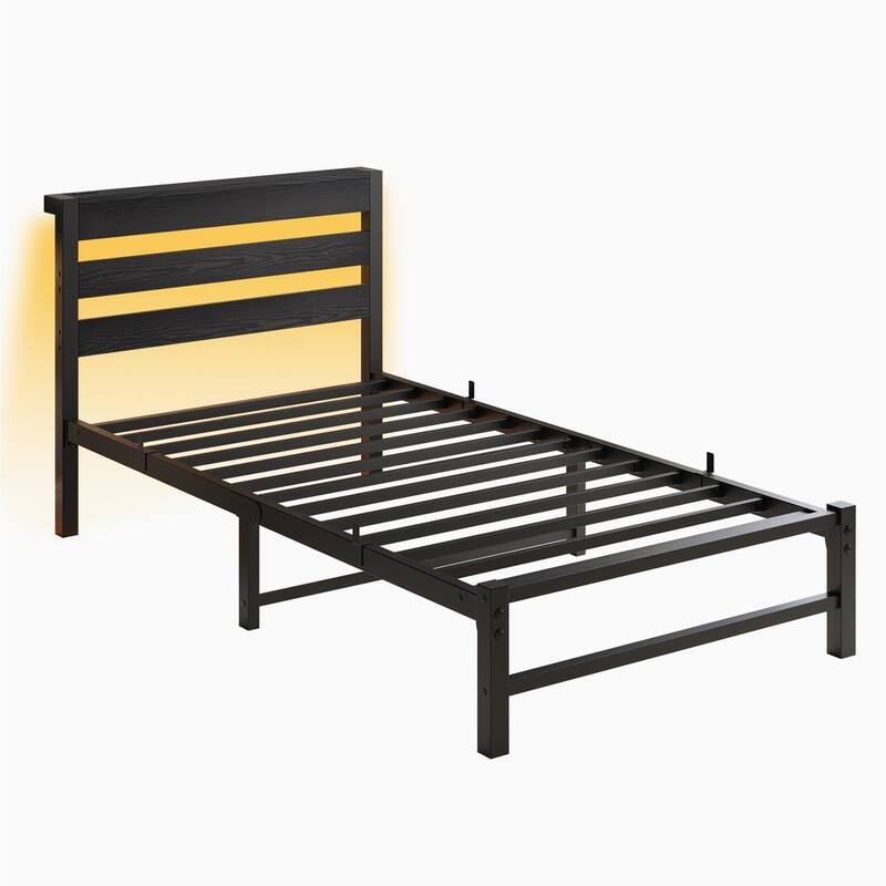 Metal Bed Frame Slats Platform Bed Open Frame with RGB LED Light and 2 USB Ports, Wooden Headboard, No Box Spring Needed