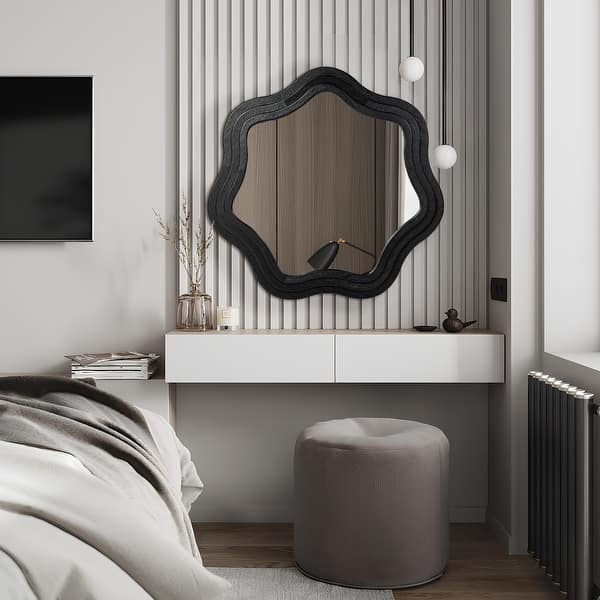 slide 2 of 13, Glitzhome 33.5"D Modern Black Tripled Wood Frame Wavy Wall Mirror