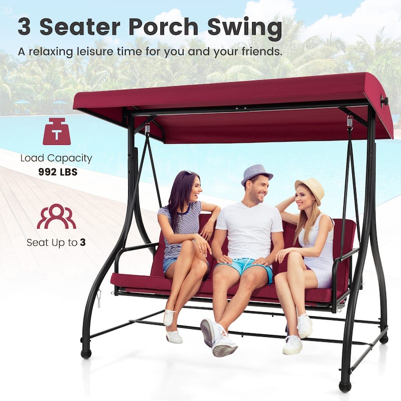 3 Seat Outdoor Porch Swing with Adjustable Canopy - 71" x 47" x 70"