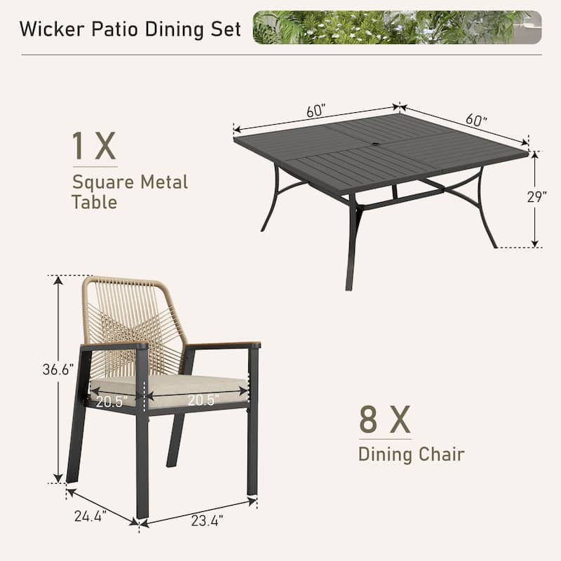 MAISON ARTS 9 Pieces Outdoor Patio Dining Set with Square Table and Cushioned Woven Wicker Dining Chairs
