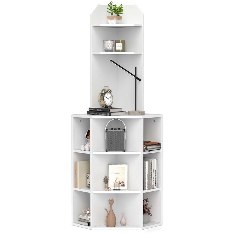 Costway 6-Tier Corner Shelf 63" Tall Corner Bookshelf with 2 USB Ports - See Details - White
