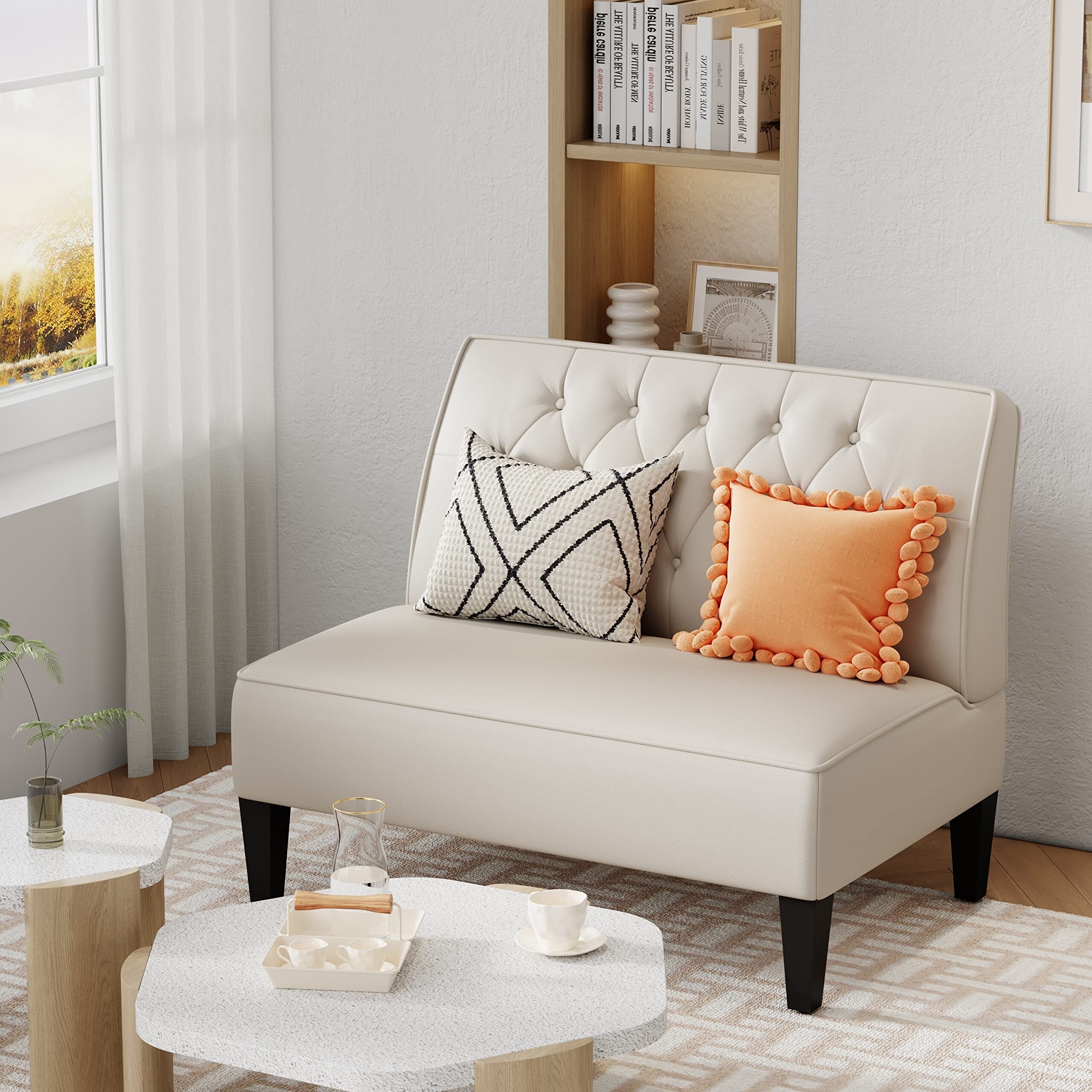 Button Tufted Loveseat Settee Upholstered Sofa Backrest Buckle Couch Banquette Bench for Dining Room Beige