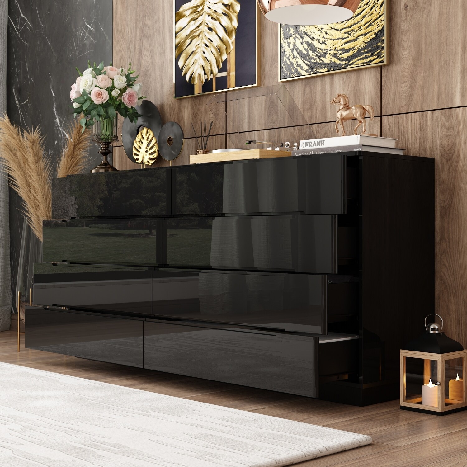 8 Drawer Double Dresser Dressers with High Gloss Drawers With Light