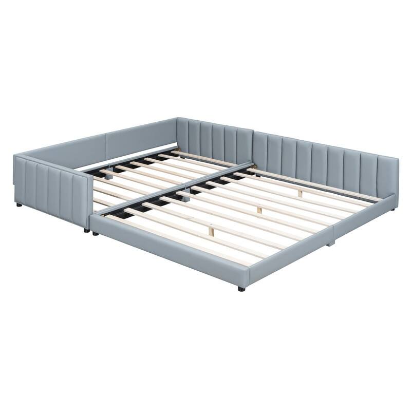 Queen Size & Twin XL Size Upholstered Platform Bed with Headboard, PU Leather Mother & Child Grounded Bed Floor Montessori Bed