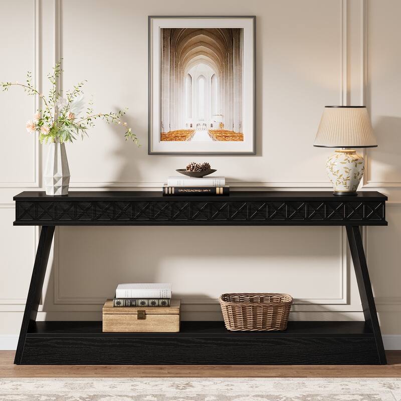 70.8-Inch Extra Long Console Table with Storage Shelf, 2-Tier Farmhouse Entryway Table - 70.87" L x 11.81" W x 31.5" H