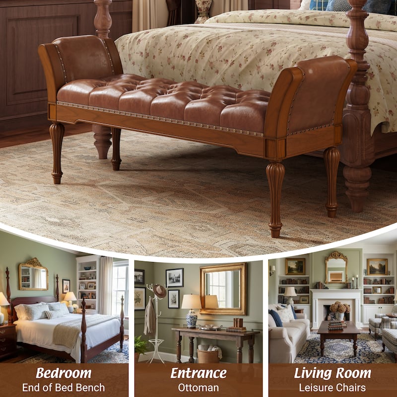 Christopher Knight Home - Mid-Century Classic Sleek Button-Tufted PU Leather Upholstered End-of-Bed Bench with Rolled Arms