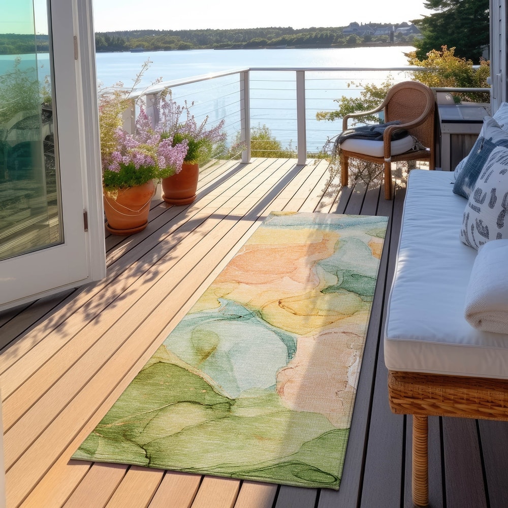 Machine Washable Indoor/ Outdoor Chantille Watercolor Blue Rug