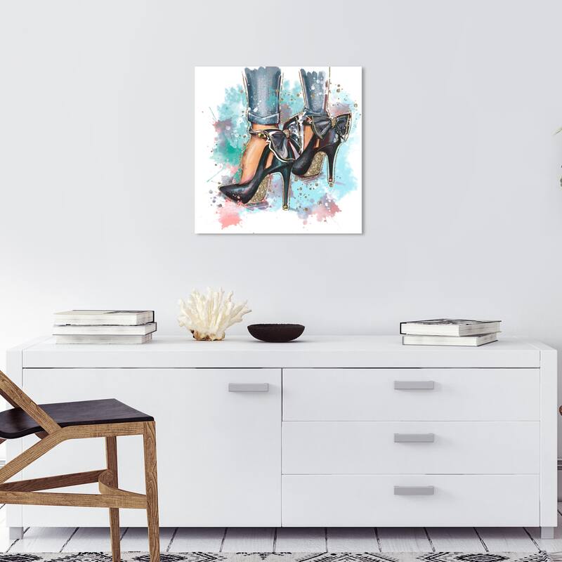 Wynwood Studio Fashion and Glam Pastel Glam Heels Blue and Metallic Gold Glam Wall Art Canvas Print - 20 x 20