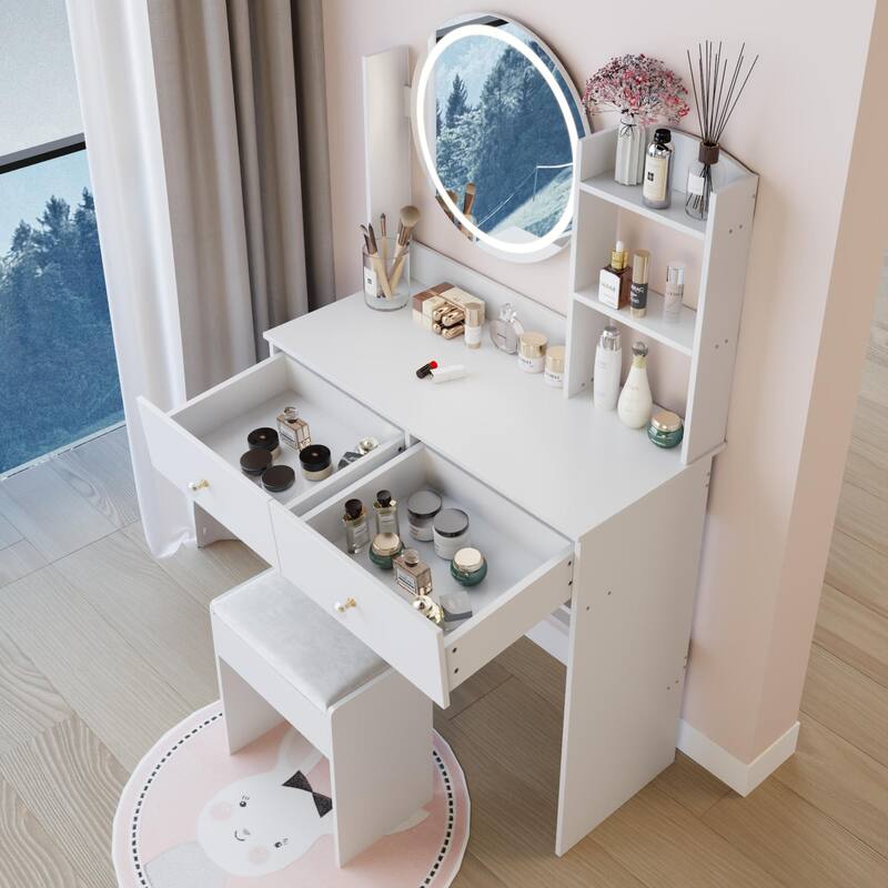 Round LED Mirror Vanity Table, Dressing Set with Cushioned Stool, Makeup Cabinet with Touch Mirror & Multi-layer Storage