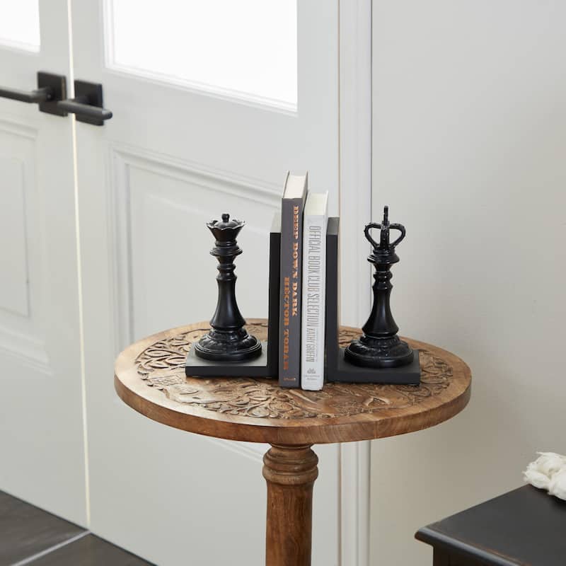 Black Polystone Chess Decorative Bookends with King and Queen (Set of 2)