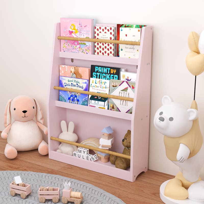 3 Tier MDF Pine Wood Kids Book Rack Shelf with Safe Tip-Over Protection Included for Playroom or Nursery
