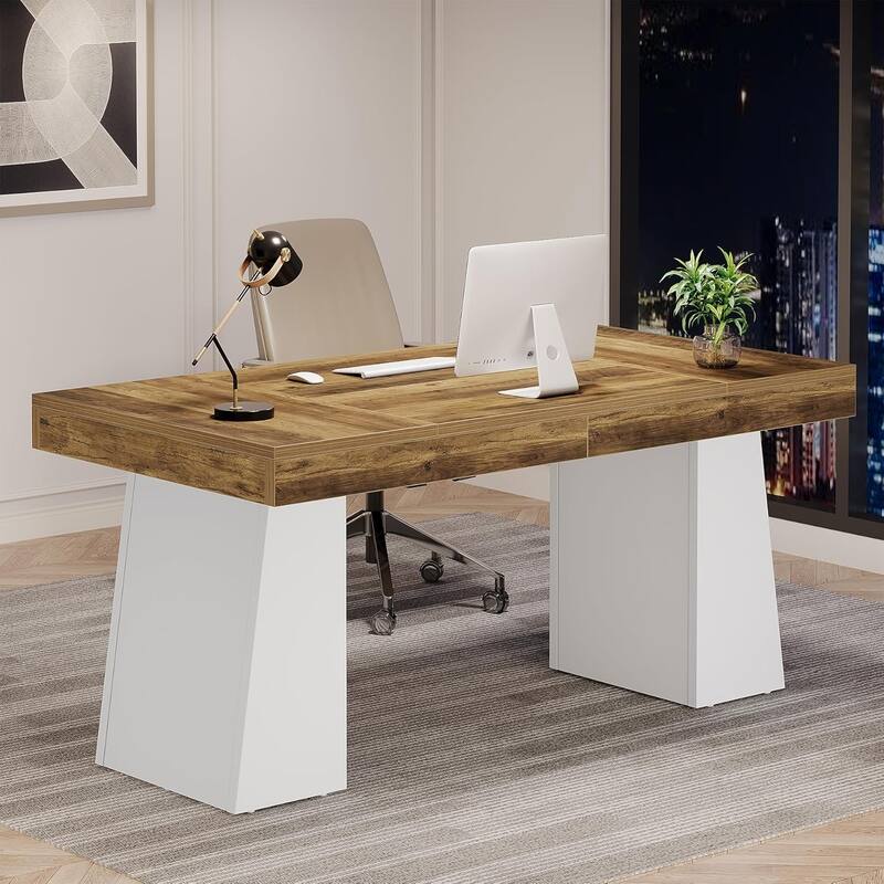 55 Inches Executive Desk with Double Trapezoid Base for home office - White & Brown