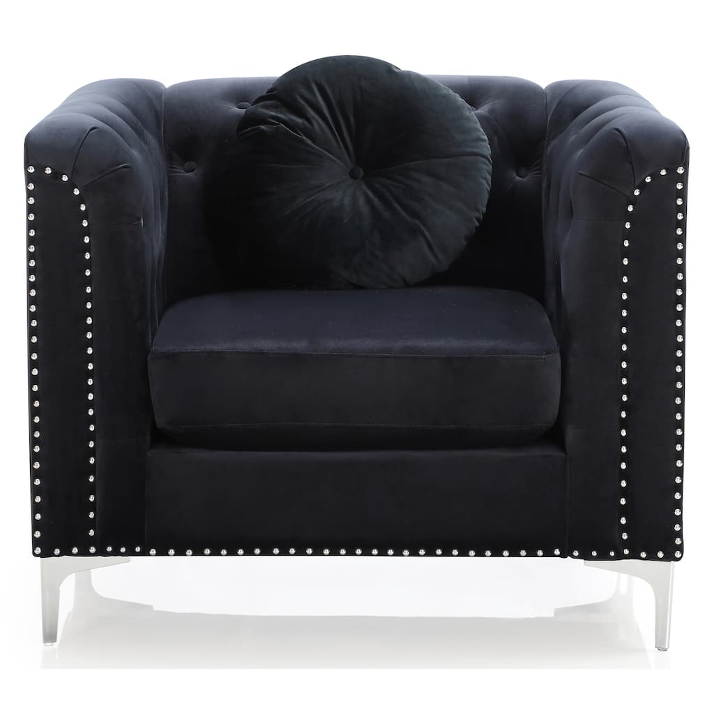 Velvet Button Tufted Accent Chair with Round Throw Pillow - 38" - Black