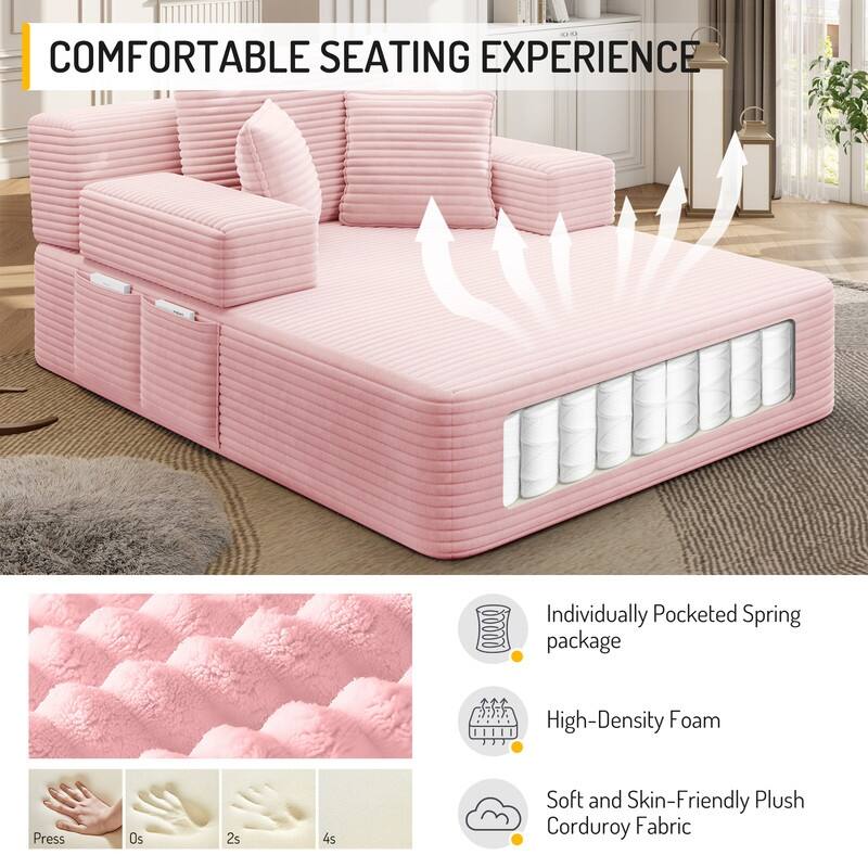 Luxurious Plush Corduroy Chaise Lounge Convertible Sofa Bed with Storage Pocket and Wide Armrests