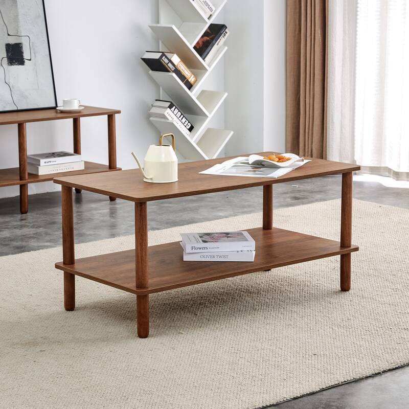 Industrial Style 2-Tier Coffee Table for Living Room, Sturdy MDF & Rubberwood Legs, Easy Assembly - Walnut