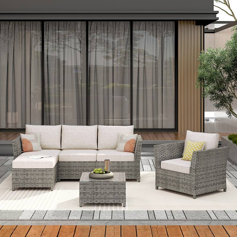 HOOOWOOO 6-piece Grey Rattan Patio Furniture Outdoor Sectional Set with Ottoman