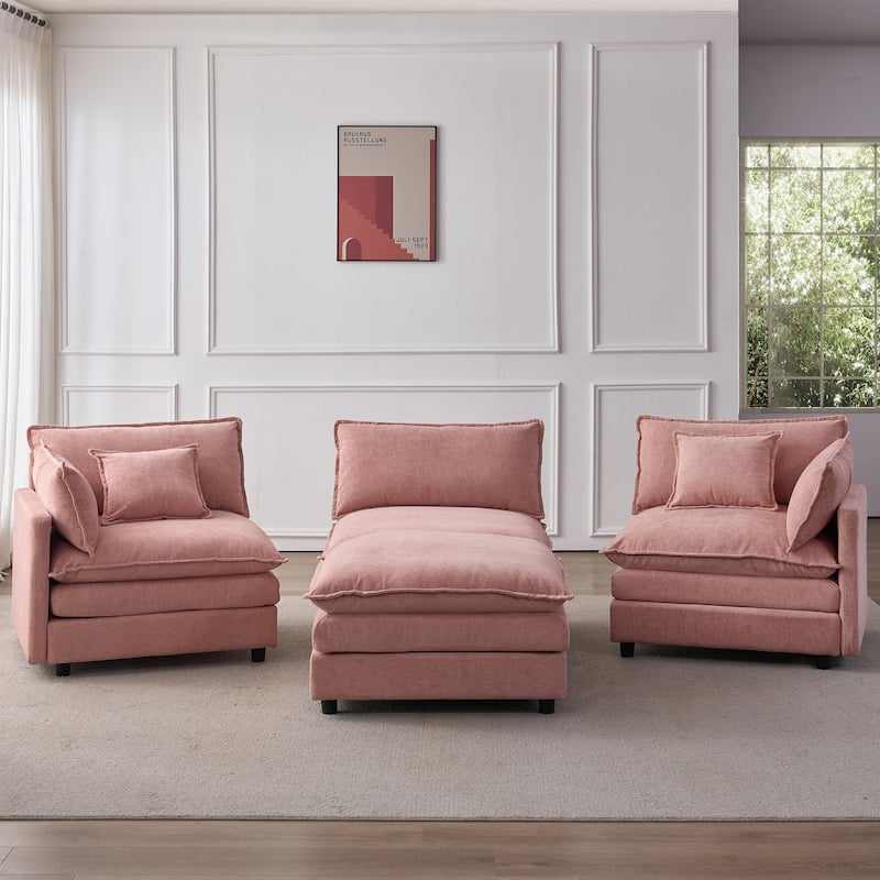 Chenille Upholstered L-shaped Sectional Sofa 3 Seater Modular Couch with Ottoman, Pillows and Double Layer Seat Cushions