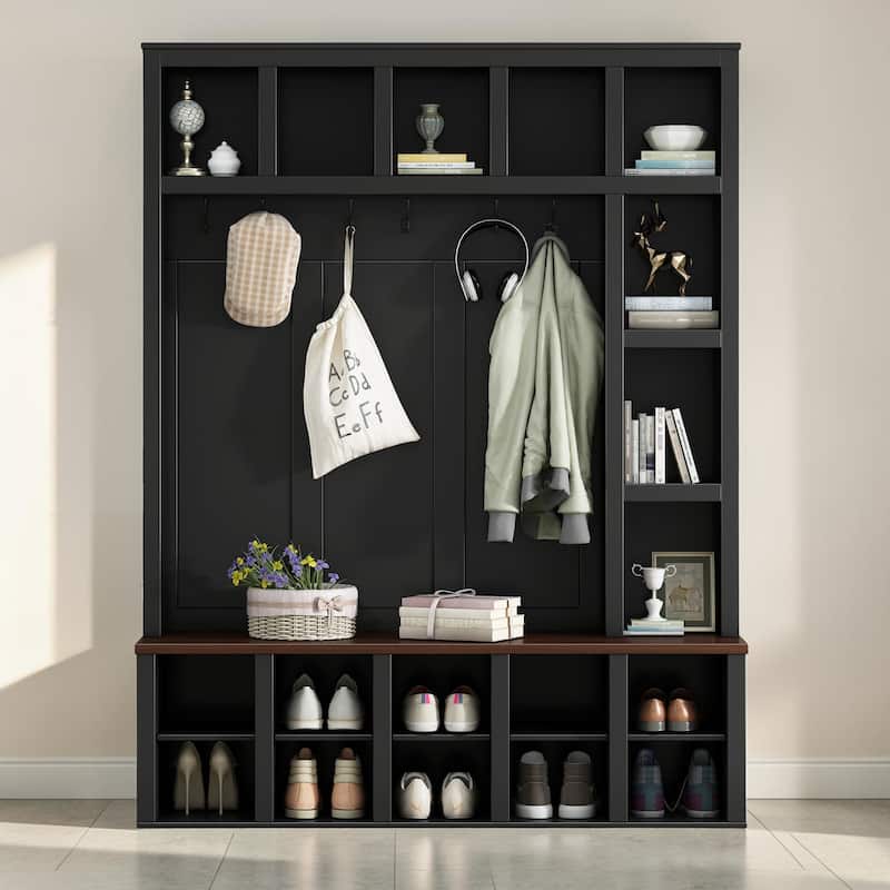 Farmhouse Entryway Hall Tree with Coat Rack, 13 Cubbies Shoe Storage, Adjustable Shelves & Walnut Bench - Black