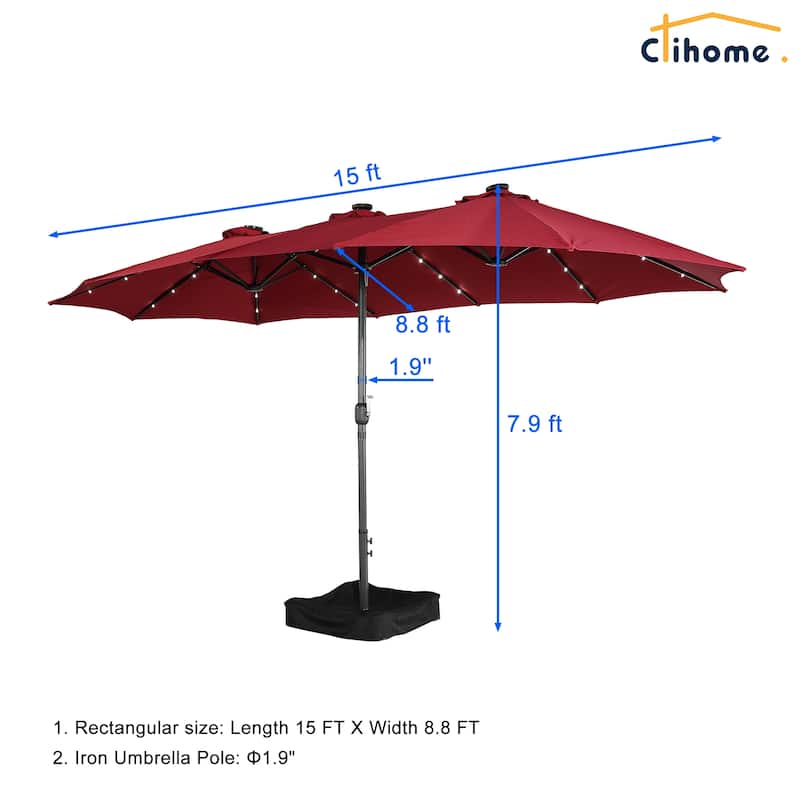 Clihome 15FT Double-Sided Solar Light Market Crank Umbrella with Base