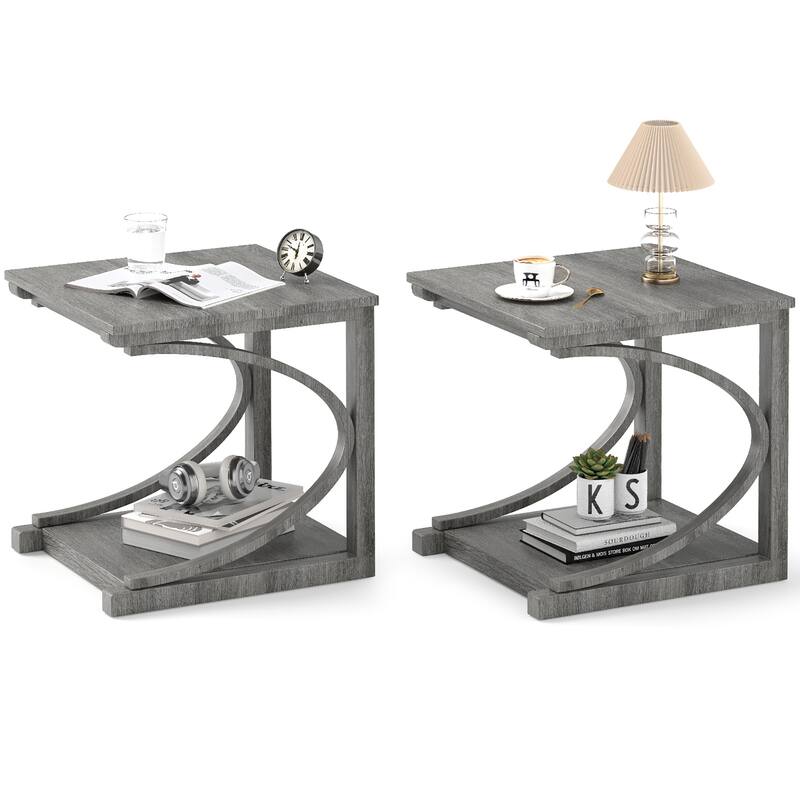 Gymax 2PCS 24'' Side End Table w/ Storage Shelf & Rubber Wood Frame - Grey - Wood