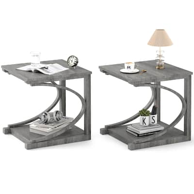 Gymax 2PCS 24'' Side End Table w/ Storage Shelf & Rubber Wood Frame