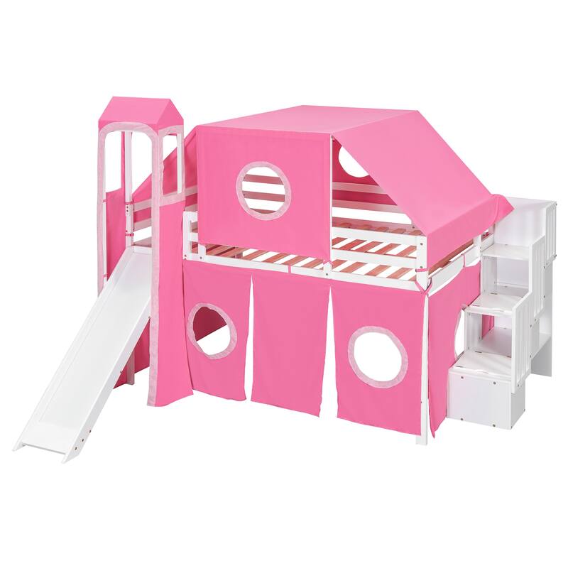 Roomfitters Full Size Loft Bed with Slide, Tent Canopy and Tower, Multi-Functional Sleep Space