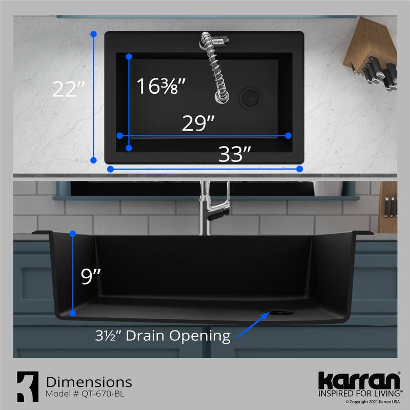Karran All in One Drop-In Quartz Composite 33 in. Single Bowl Kitchen Sink in Black with Faucet KKF220 in Stainless Steel