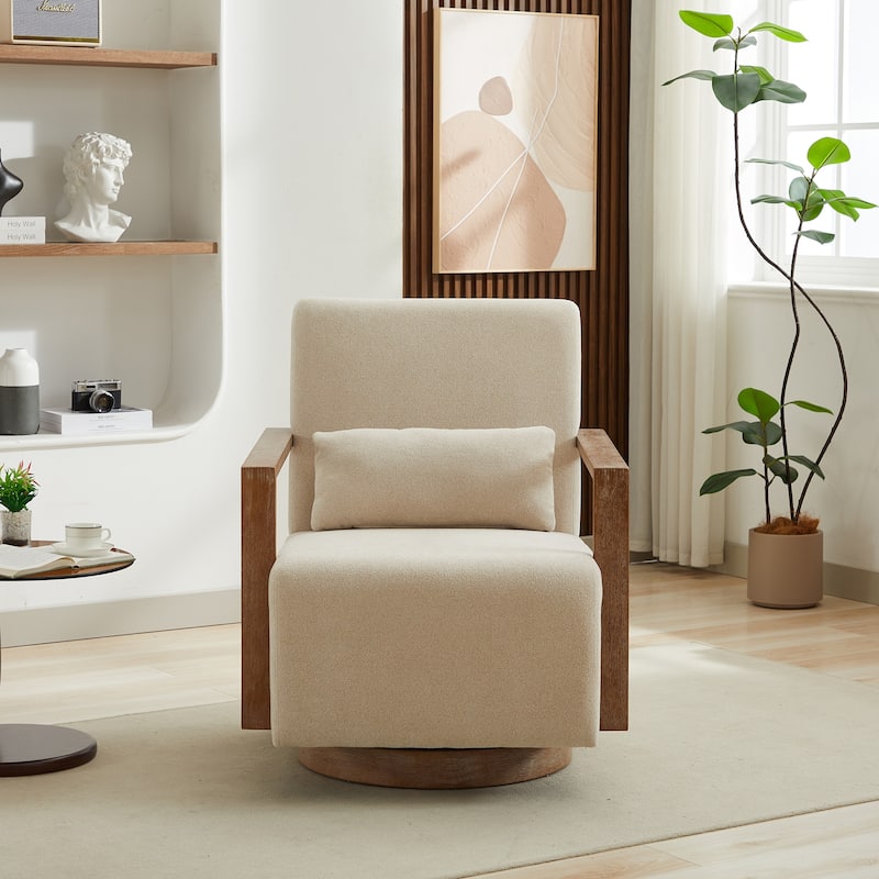 Modern Upholstered Swivel Chair Accent Chair with Solid Wood Armrests, Lounge Chair Reading Armchair for Hotel Bedroom