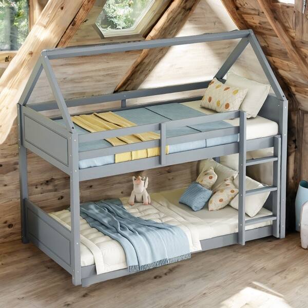 slide 2 of 18, Light Grey Wooden Low Height Twin Over Twin Bunk Bed Kids Bed with Guardrails,Ladder Light Grey