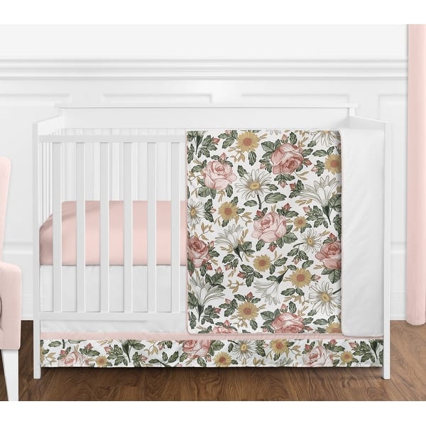 slide 2 of 6, Sweet Jojo Designs Vintage Floral Boho Girl 4pc Nursery Crib Bedding Set - Blush Pink Yellow Green White Shabby Chic Farmhouse