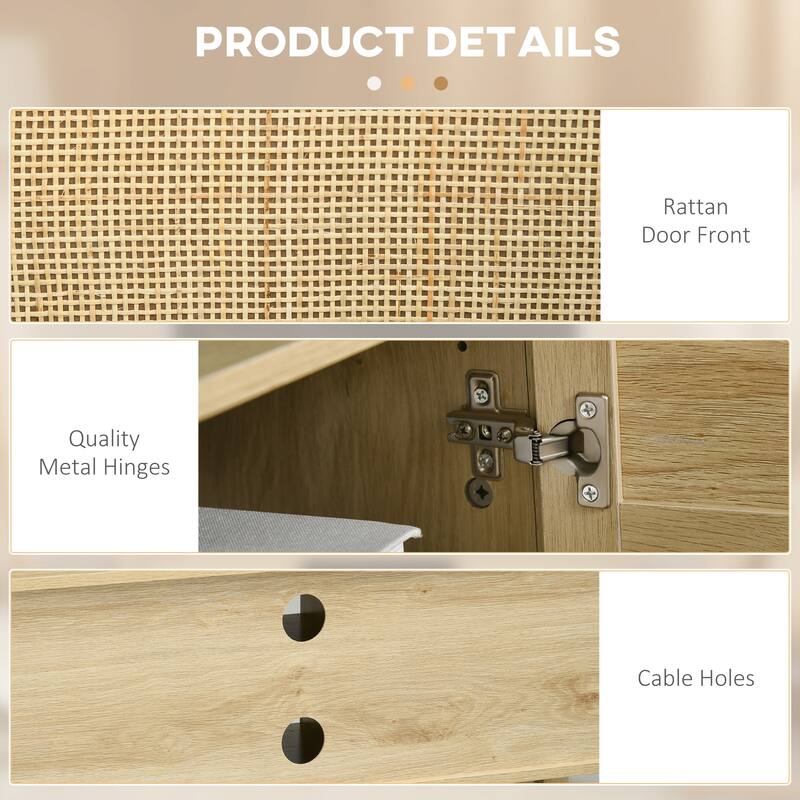 TV Console for 60" TV, Natural Wood Entertainment Center with Rattan Doors, Adjustable Shelves, and Storage Cabinets