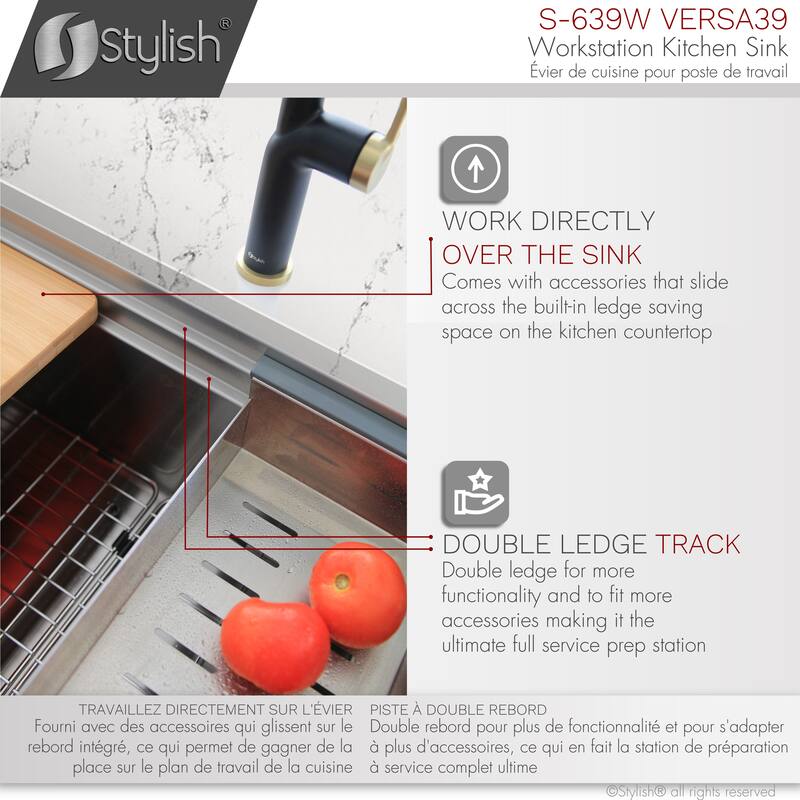 STYLISH 39 inches Workstation Single Bowl Undermount 16 Gauge Stainless Steel Kitchen Sink with Accessories included