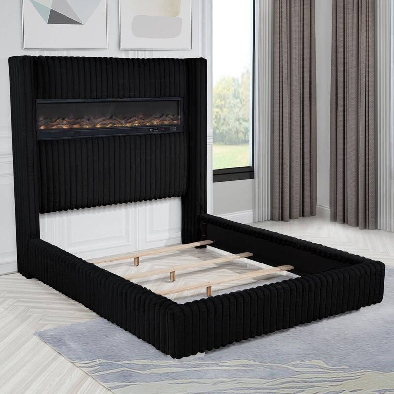 Best Master Furniture Noemie Luxe Modern Upholstered Velvet Panel Bed with Integrated Fireplace Display