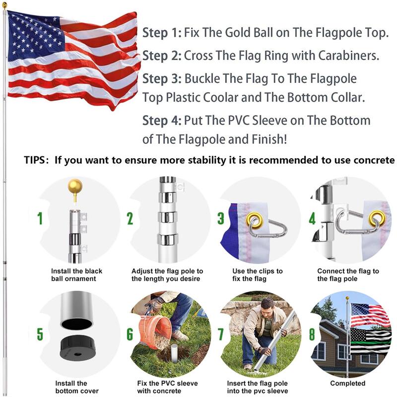 20ft Telescopic Aluminum Flagpole with US Flag Ball
