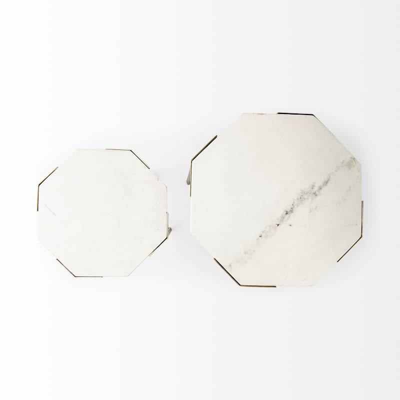 Vincent II White Marble and Iron Octagon Side Tables (Set of Two)