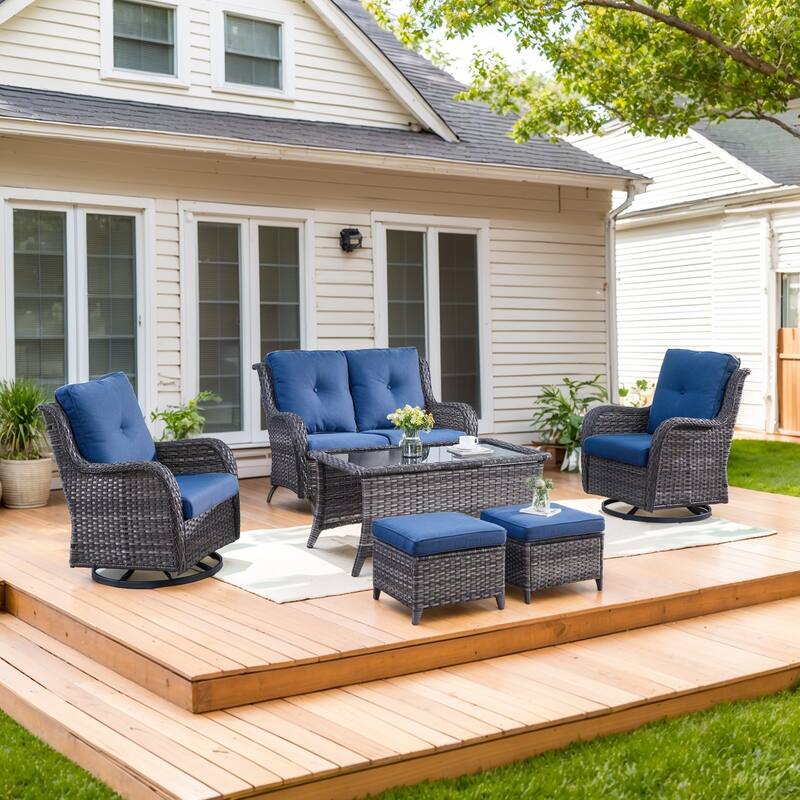 Patio Rattan Loveseat Glider Sofa Swivel Chair with Ottoman - Blue cushion - Grey - Blue - Grey
