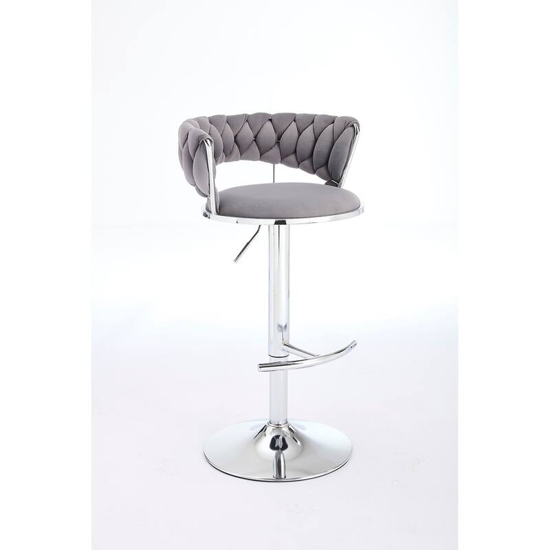 Velvet Bar Stools Set of 2, Kitchen Island Stools with Adjustable Height, Swivel Bar Stool with Chrome Footrest