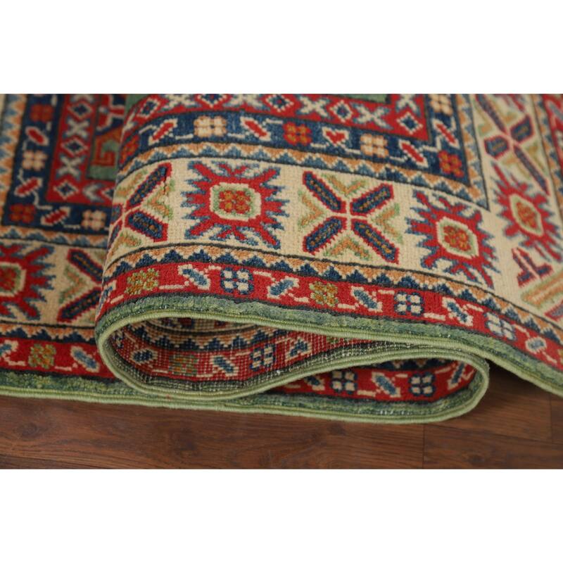 Green Geometric Kazak Foyer Rug Handmade Wool Carpet - 3'1" x 4'11"