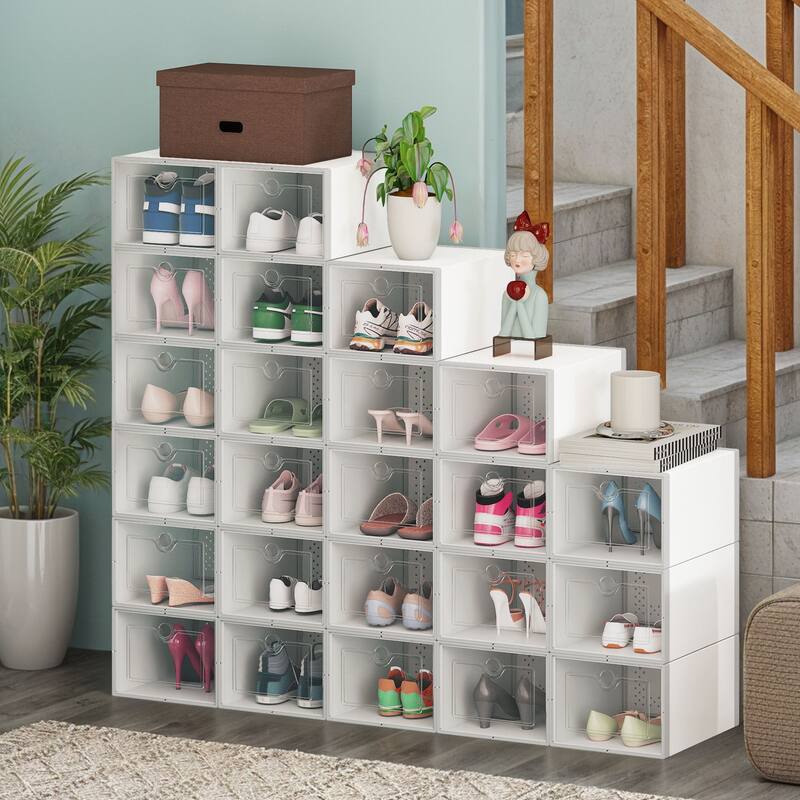 Shoe Storage Boxes 24Pcs Stackable Plastic Sneaker Organizer Transparent Case