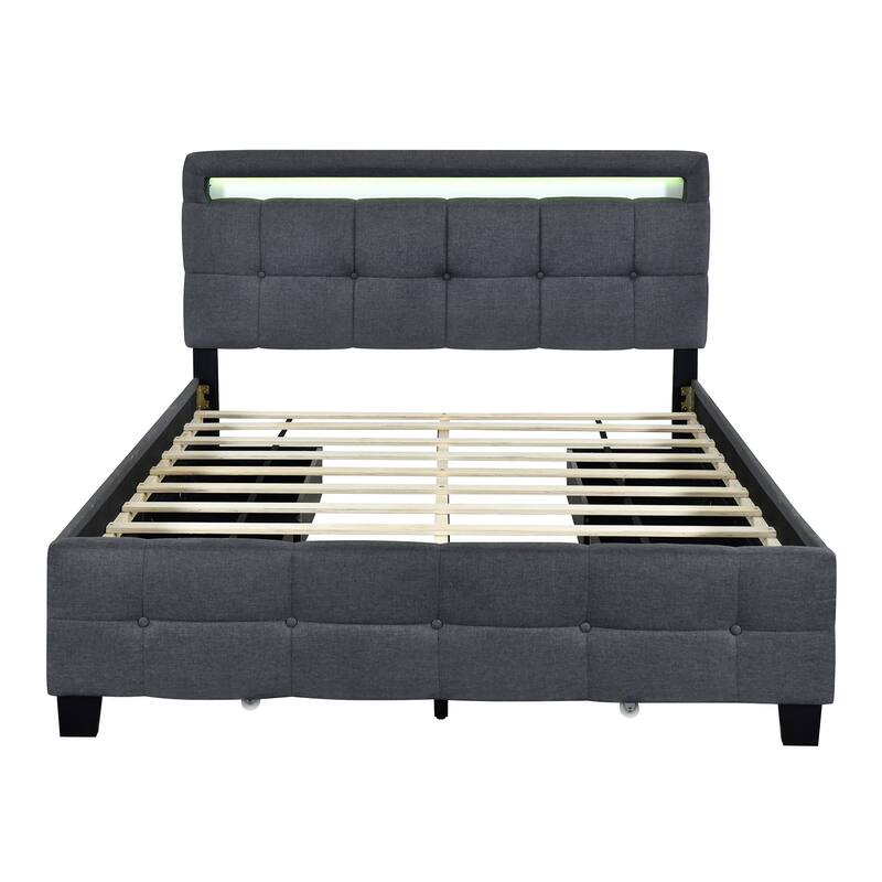 Linen Upholstered Platform Bed Frame with LED Light Headboard & 2 Drawers
