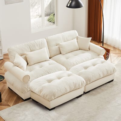 93.7" Velvet 2-Seater Sectional Sofa with Ottoman & Pillows