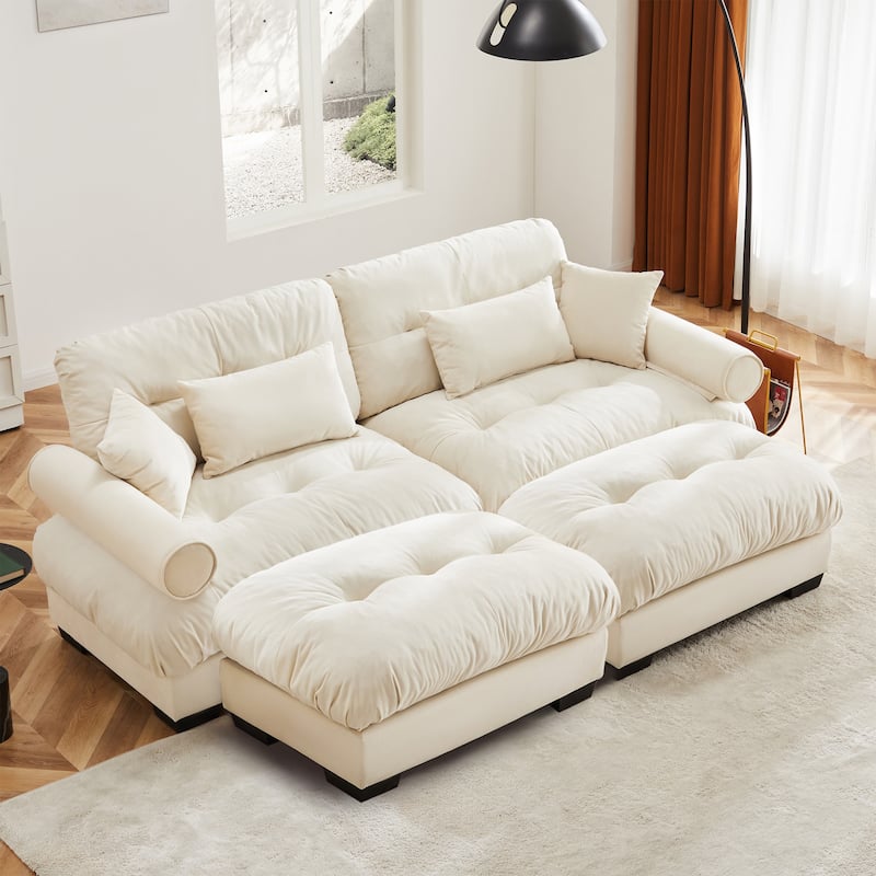 GDFStudio - Velvet 2-Seater 93.7" Cloud Modular Sectional Couch with 2 Ottomans - Cream