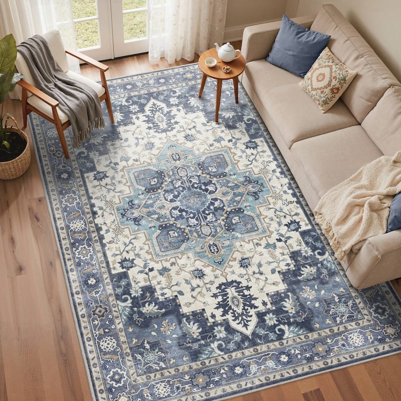 Mcow Floral Faded Low Pile Machine Washable Non-Slip Area Rug