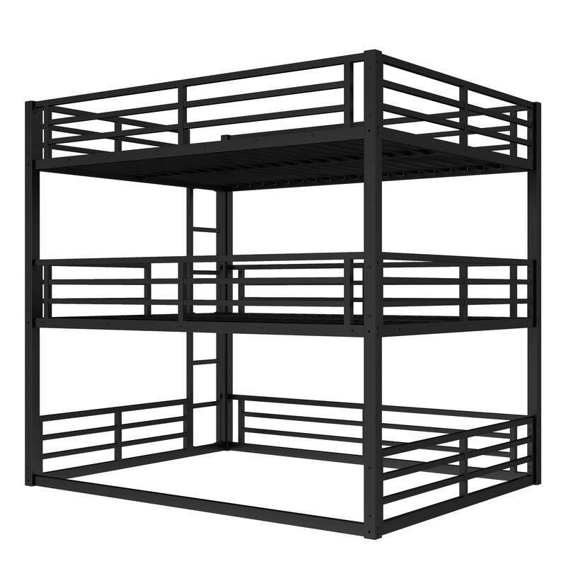 Metal Triple Bunk Bed with Safety Guardrails, Queen over Full XL over Queen, Black