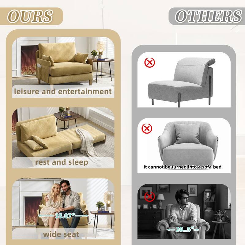 Chenille 3-in-1 Convertible Sofa Bed Chair with 3 Pillows and Storage Pockets