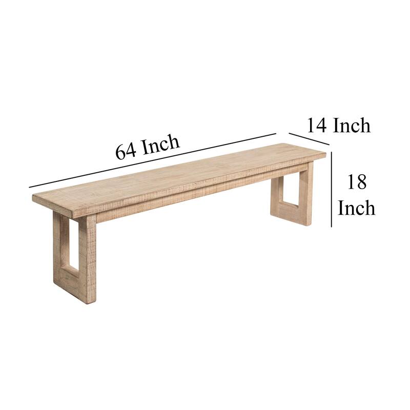Fini Dining Bench, 64 Inch Pine Wood Frame, Sled Base, Whitewash Brown