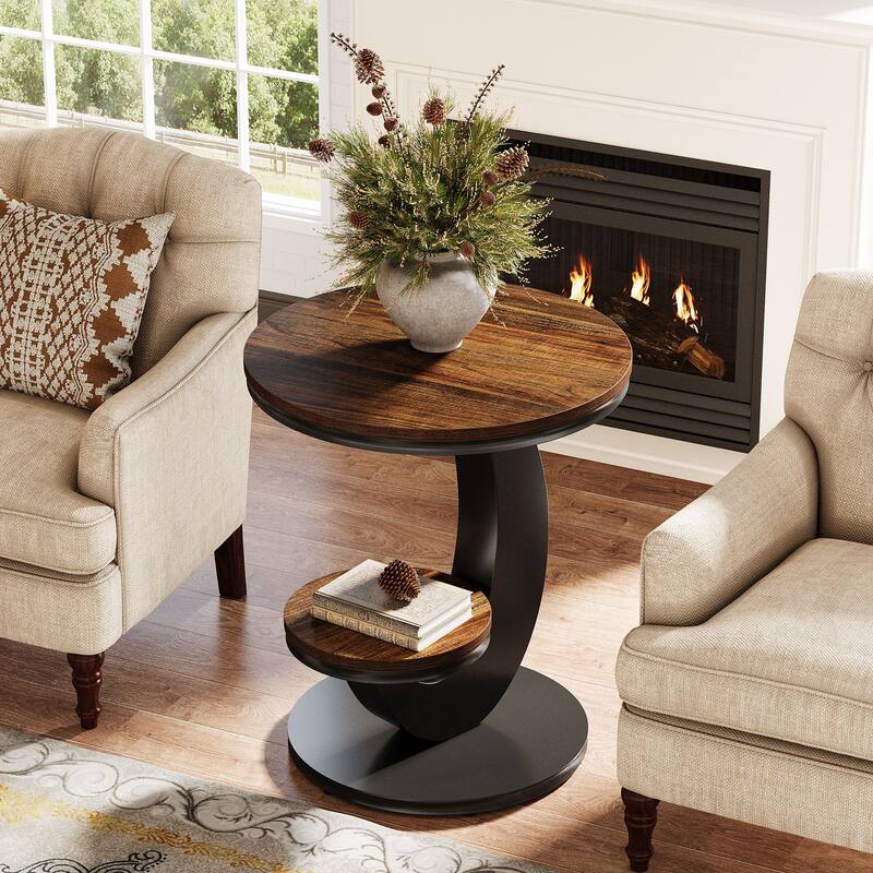 Round End Table, 2 Tiers Side Table with Storage Shelf