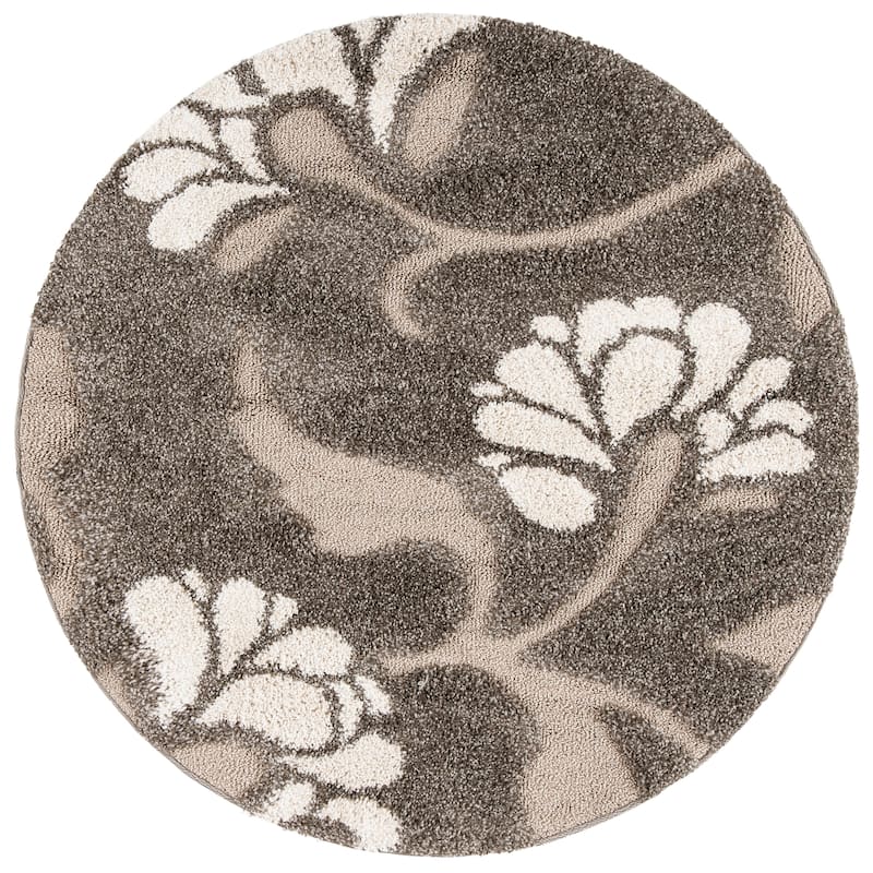 SAFAVIEH Florida Shag Veroniki Floral 1.2-inch Thick Rug - 4' Round - Smoke/Beige