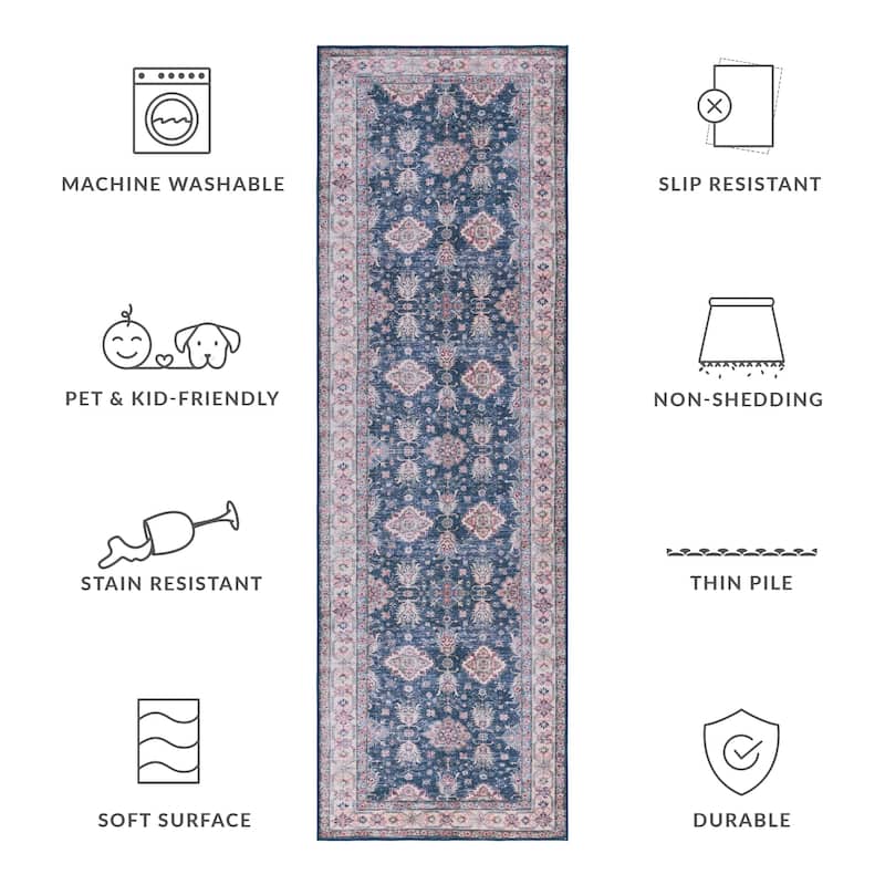 SAFAVIEH Tucson Machine Washable Slip Resistant Daisie Oriental Rug - 2'6" x 8' Runner - Navy/Beige